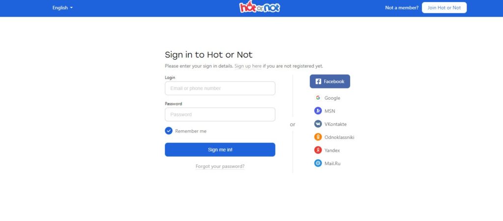 login screen for hot or not. very unspectacular. no photos of singles using online dating services. 