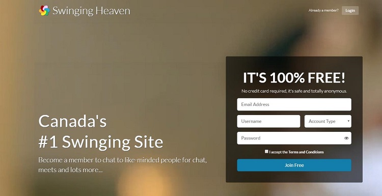 Homepage of Swinging Heaven portal in Canada