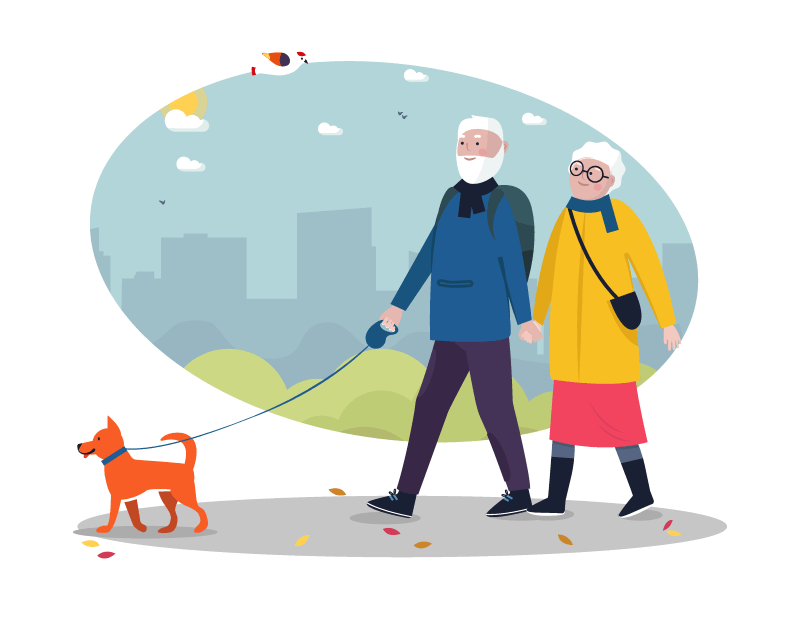 over 50 couple walking a dog illustration