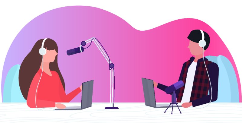 vector art of woman and man recording a podcast