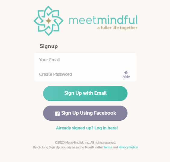 MeetMindful Sign-Up Window