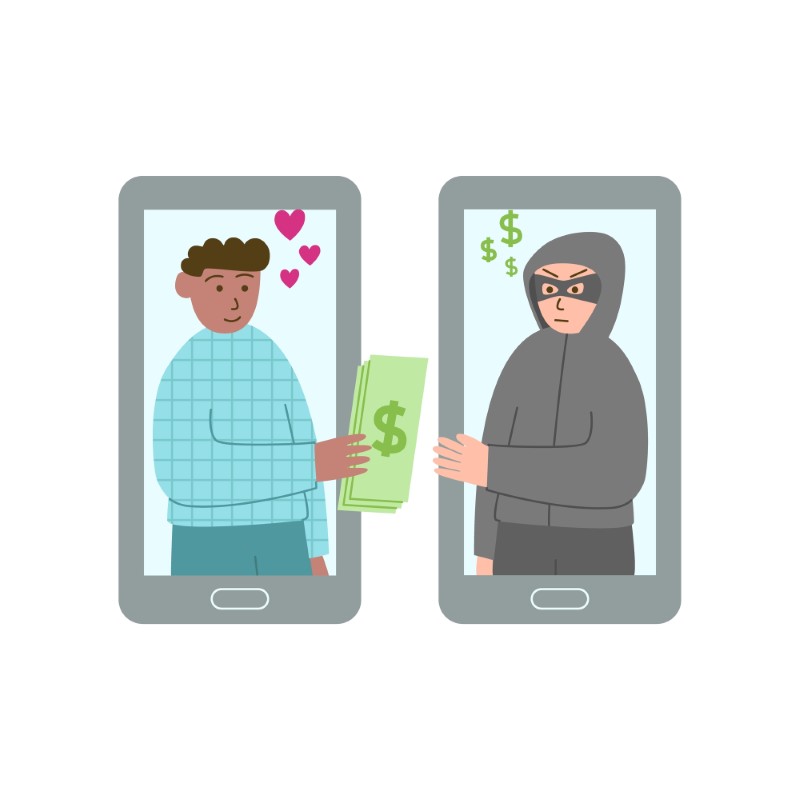 illustration of man in love giving his money to a scammer