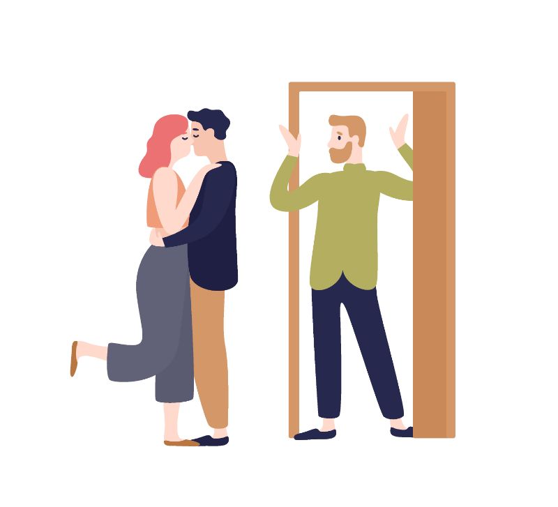 vector art of couple kissing and second man looking at them surprised