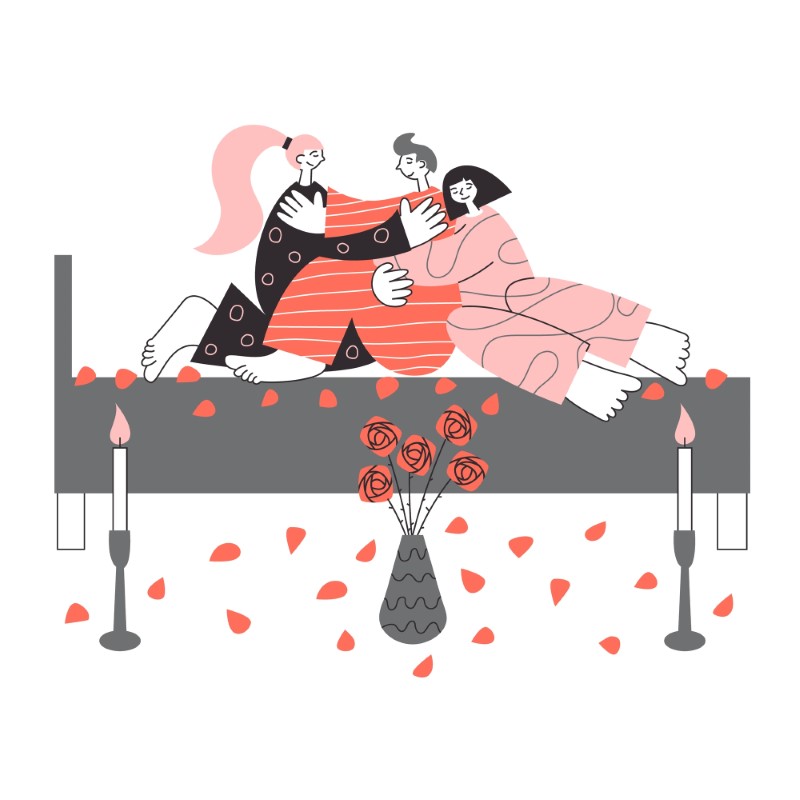 vector art of two women and one men cuddling in bed