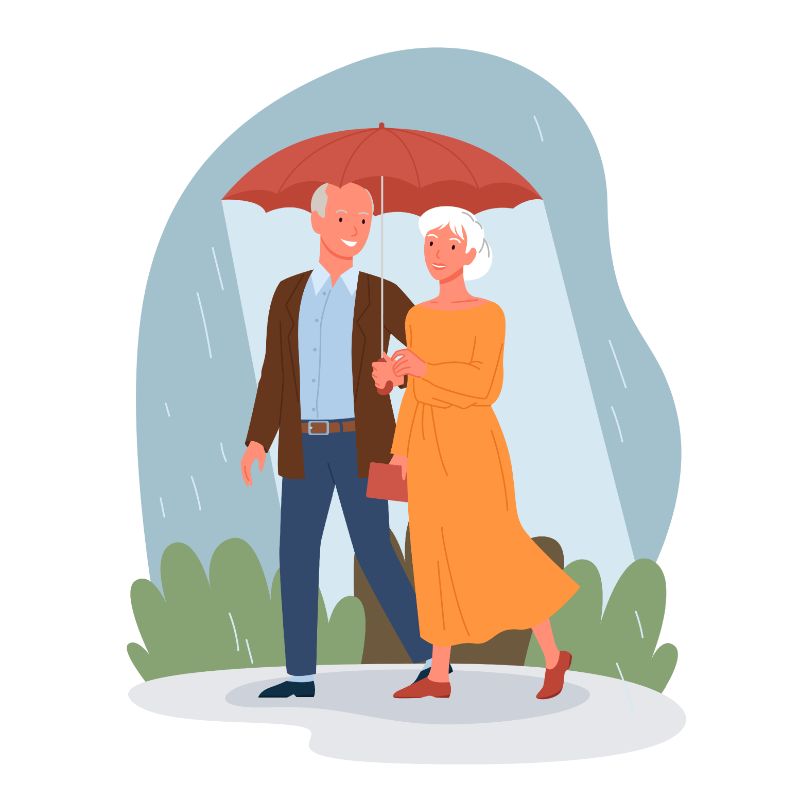 vector art of two seniors walking in the rain under an umbrella