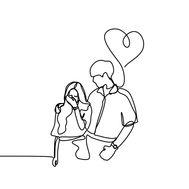 line art of boyfriend comforting girlfriend and a heart