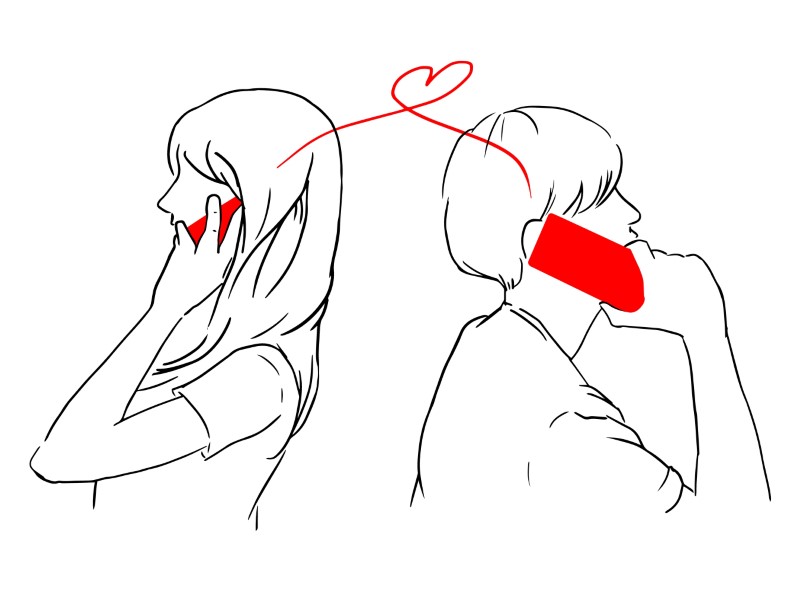 line art of a couple talking on the phone and a heart